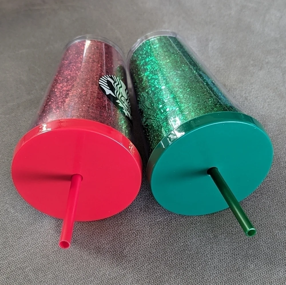Starbucks Holiday Glitter 16 oz Tumblers SET OF 2 Red Green